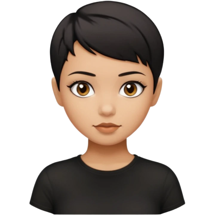A girl with black short pixie haircut cut, dark brown eyes that almost look like black, caramel tone skin colour. Wearing a black t-shirt.  emoji