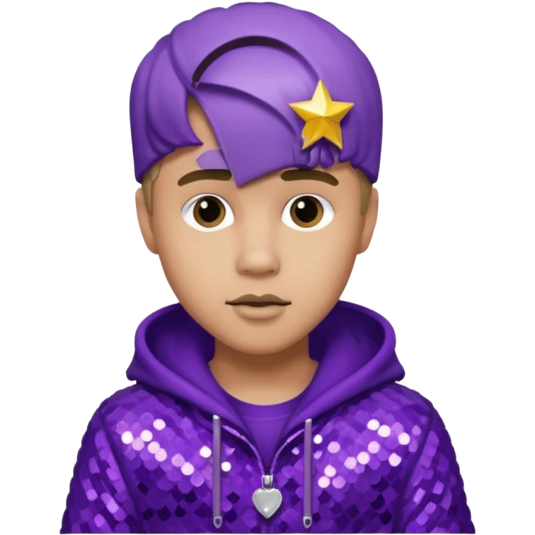 Justin Bieber with light skin, dark blonde hair, purple sequin outfit emoji