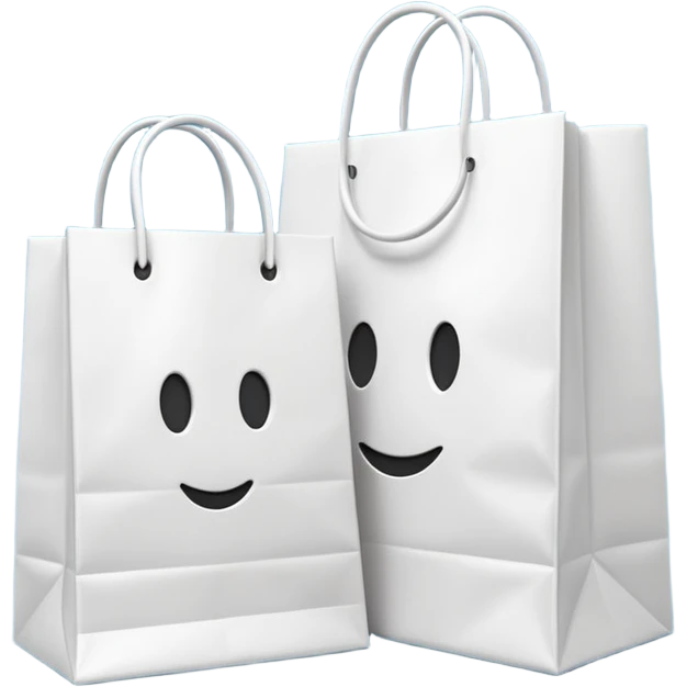 A 3D emoji of two white paper shopping bags, one large and one small, standing next to each other. Soft studio lighting, smooth 3D rendering, claymorphism style, minimalist design, cute, high resolution, isolated on a white background. emoji