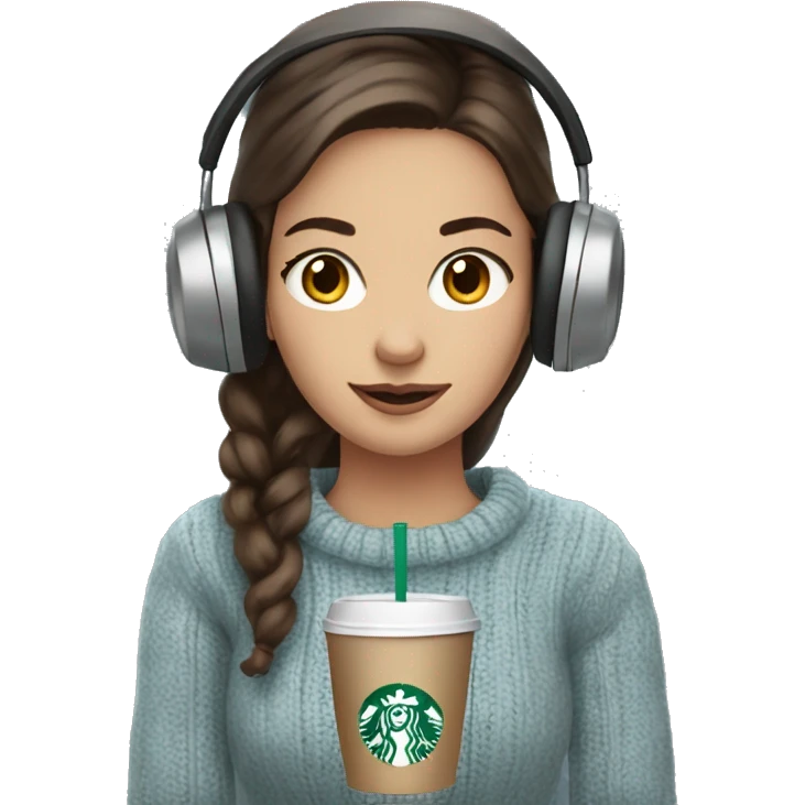 Can you make a brunette girl with blue greyeyes wearing a beig sweater and ear muffs holding a Starbucks cup emoji