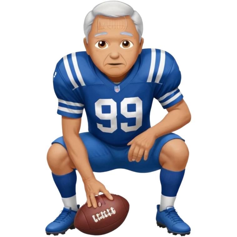 A grandpa playing football wearing an Indianapolis Colts jersey is. Show him kind of crouch down to the ground, holding the football and show  back of his jersey. emoji