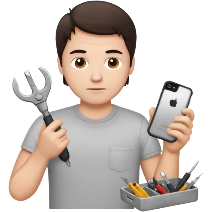 make a white guy with dark brown hair, with a simple white o grey shirt, repairing an iphone, un tecnico emoji