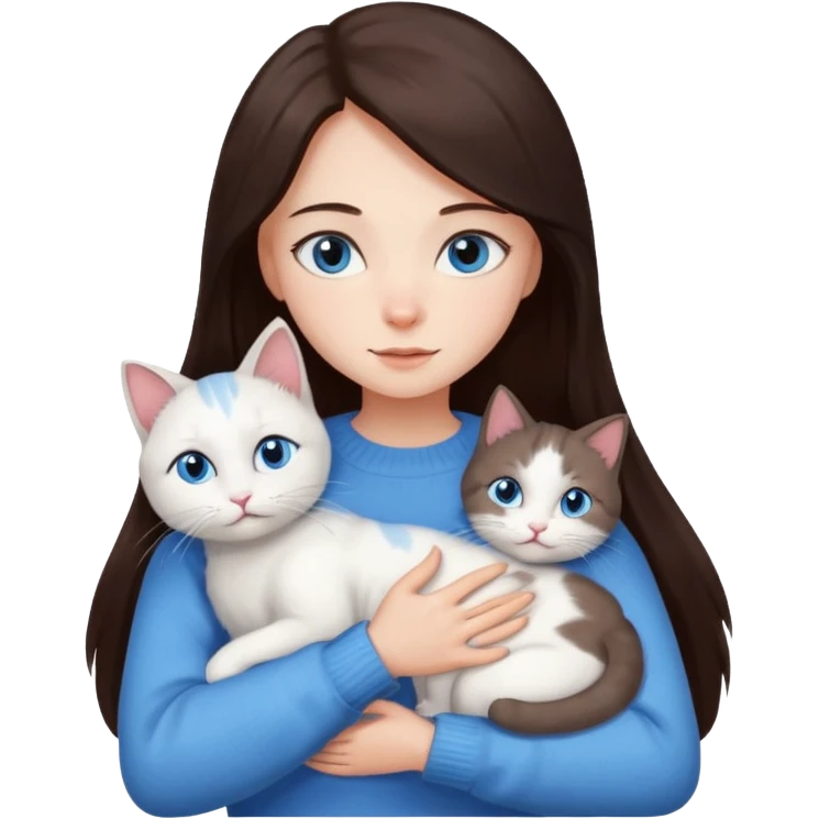 a girl with long dark 
brown hair, with blue eyes, in a
white sweater, hugs 3 different natural coloured cats emoji