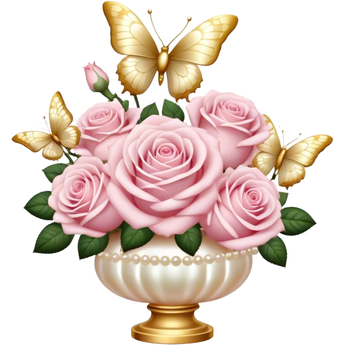 Realistic aesthetic bouquet of light pink roses in a pearl vase and a ivory bow with gold decoration and a butterfly with gold and beige wings emoji