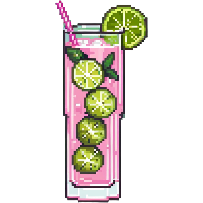pink cocktail in tall glass with ice cubes and lime slice emoji