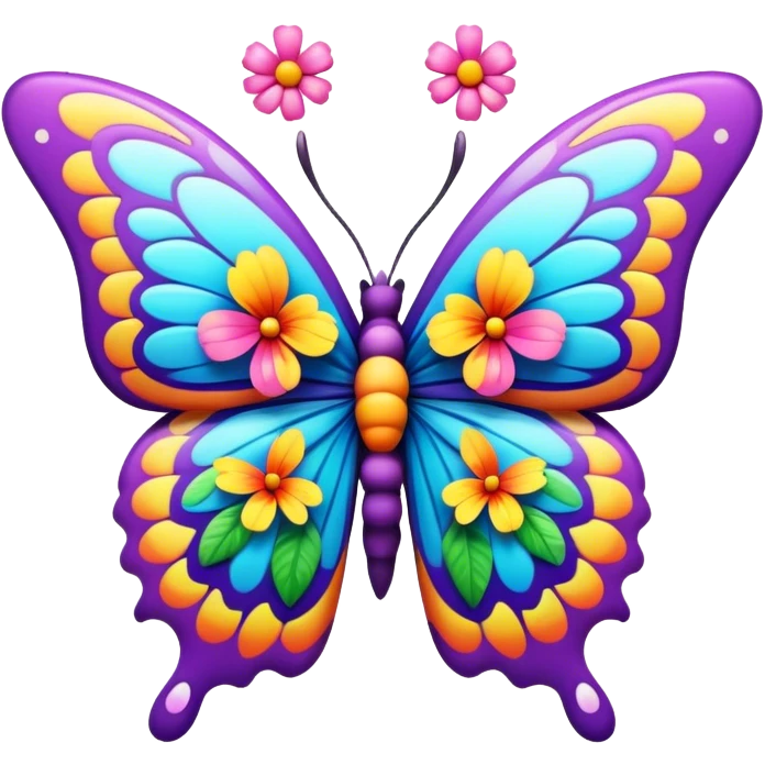 3D, psychedelic colored hippie style butterfly with flowers emoji