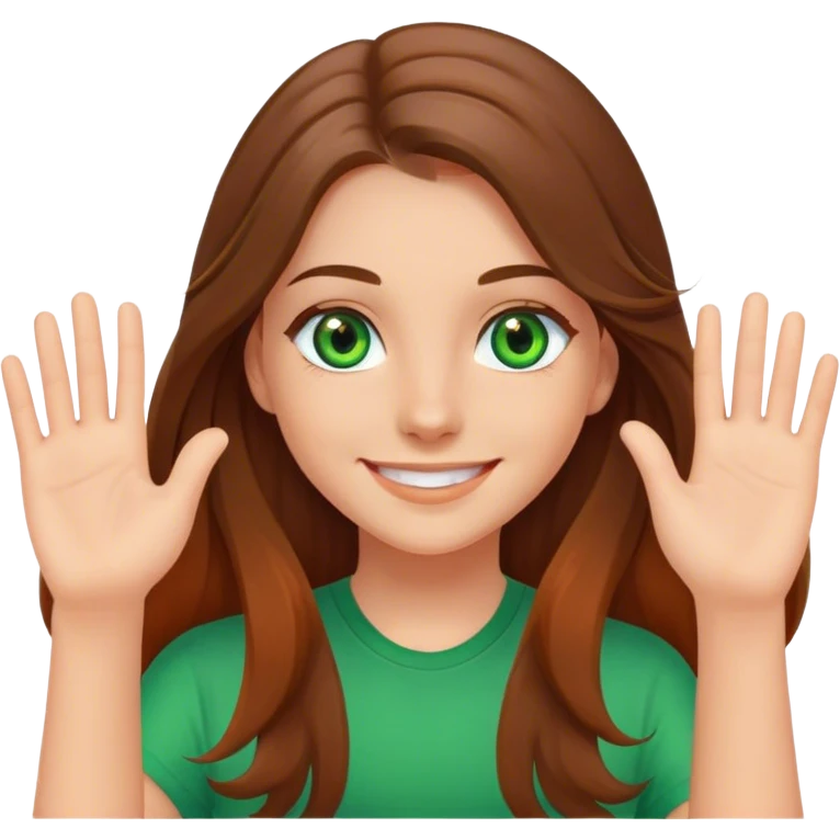 smiling girl with long brown hair, middle hair split, waving, green eyes, orange shirt emoji