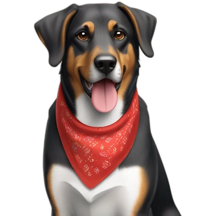 coonhound and German shepherd mix dog wearing red bandana and walking left emoji