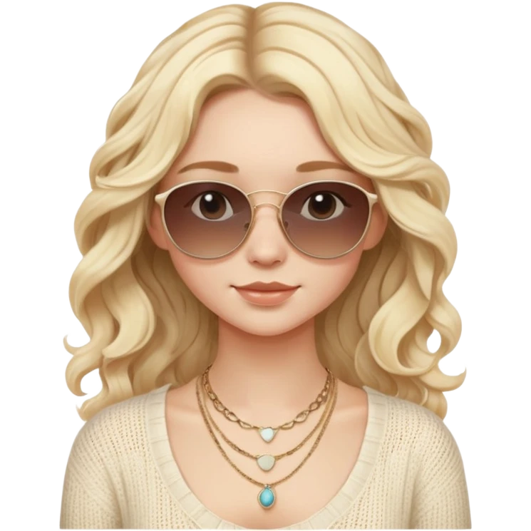 Blonde girl with wavy hair, wearing a cream knitted top and layered necklaces. Sunglasses on head, natural light, neutral background, soft boho vibe. emoji