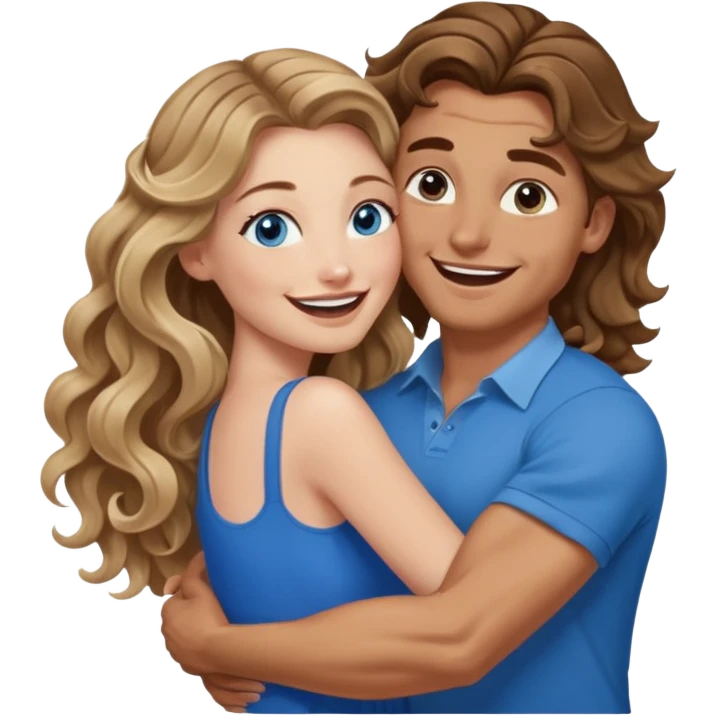 Women with blue eyes and very long, brown blond balayage curled hair in the arms of a man with strong arms a straight face, a very sexy man blue eyes. They are laughing at each other   emoji
