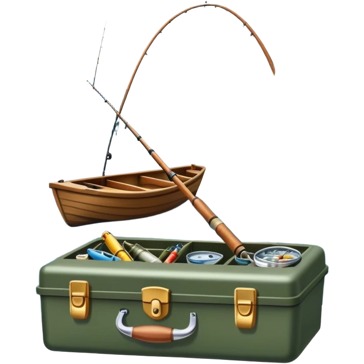 Icon for Fishing: a boat on the shore of a peaceful water body with a beautiful natural landscape, a fishing tackle box, a spinning rod. The icon should capture the tranquility and gear of a fishing adventure. Without frame. Transparent background. emoji