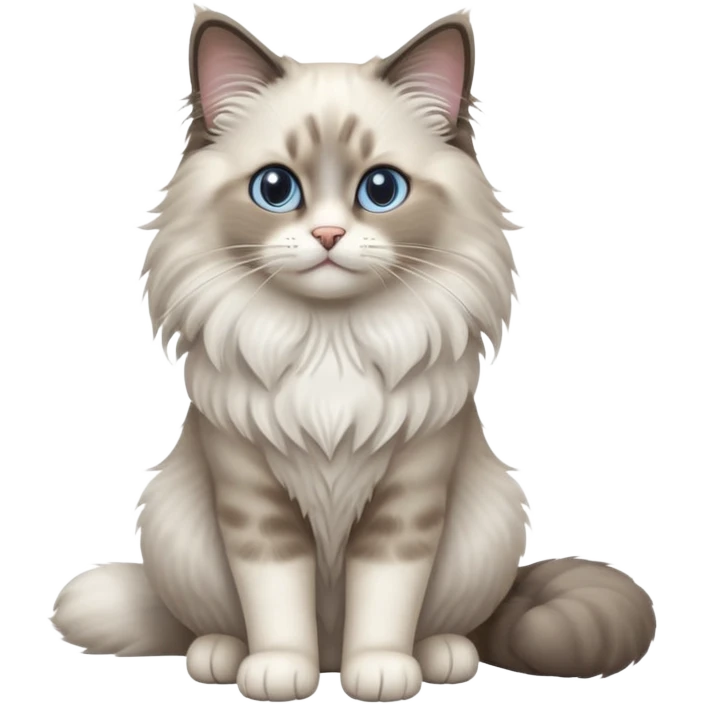 cinematic-[Ragdoll cat]-realistic-full-body-sitting-emoji,-tail-curled-playfully-around-its-paws,-head-tilted-dramatically,-fluffy-[grey ragdoll cat]-fur,-simplified-yet-realistic-focused-features,-highly-detailed,-glowing-with-an-almost-sarcastic-glow emoji