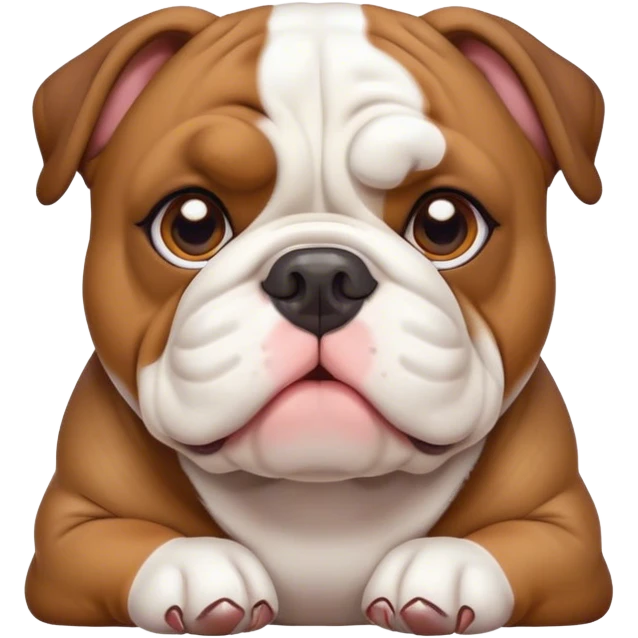 Cinematic Cute Brown and White English Bulldog Portrait Emoji, Head tilted playfully and inquisitively, featuring a glossy brown and white coat with distinct patches, round, sparkling brown eyes filled with curiosity, Simplified yet irresistibly adorable features, highly detailed, glowing with a warm, friendly glow, high shine, affectionate and charming, stylized with a touch of whimsy, bright and endearing, soft glowing outline, capturing the essence of a mischievous yet loving companion, so playful it feels like it could bound out of the screen and into your arms! emoji