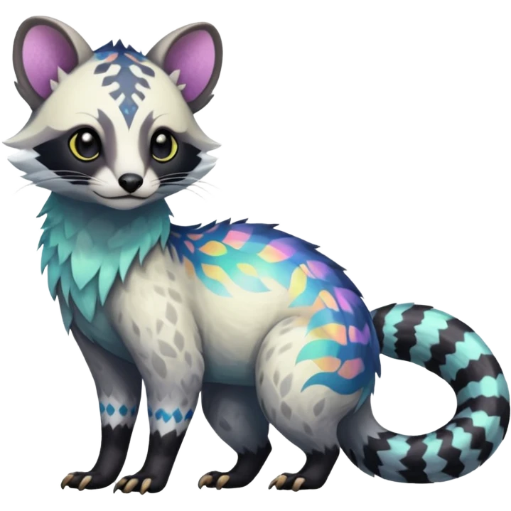 Rare iridescent white exotic epic aesthetic colorful Trico-Civet-species-Fakemon-hybrid-creature, with intricate tattoo markings, full body emoji