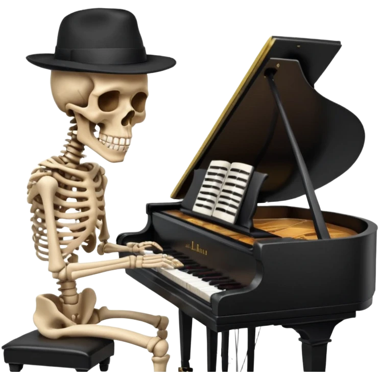 a human skeleton in anatomical proportion wears a black hat and plays the piano emoji