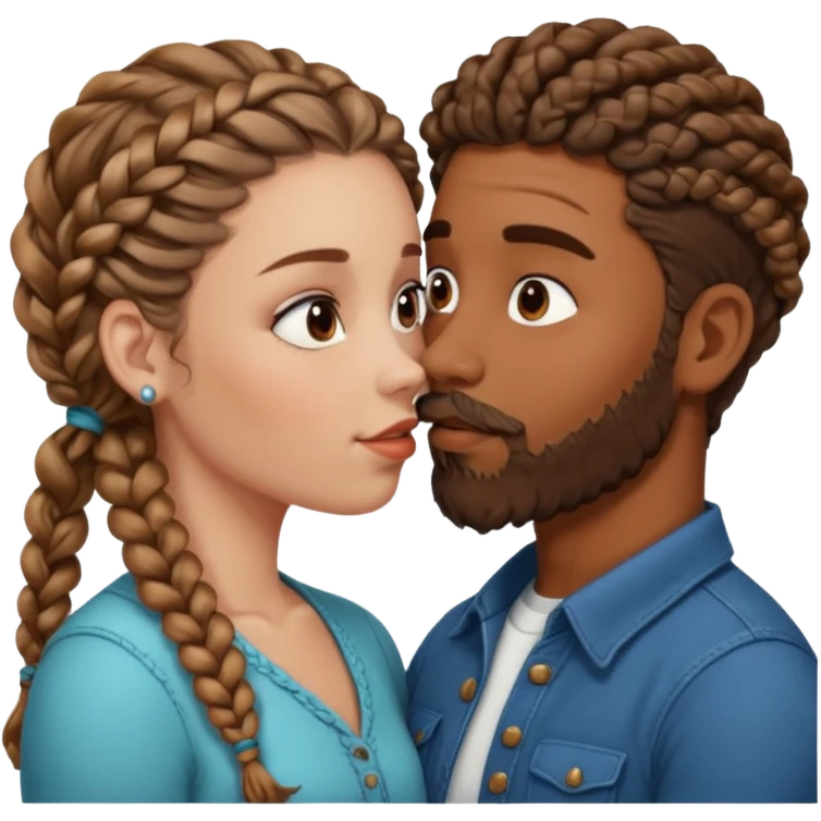 brown skinned man with braids and a beard kissing a white woman with curly brown hair  emoji
