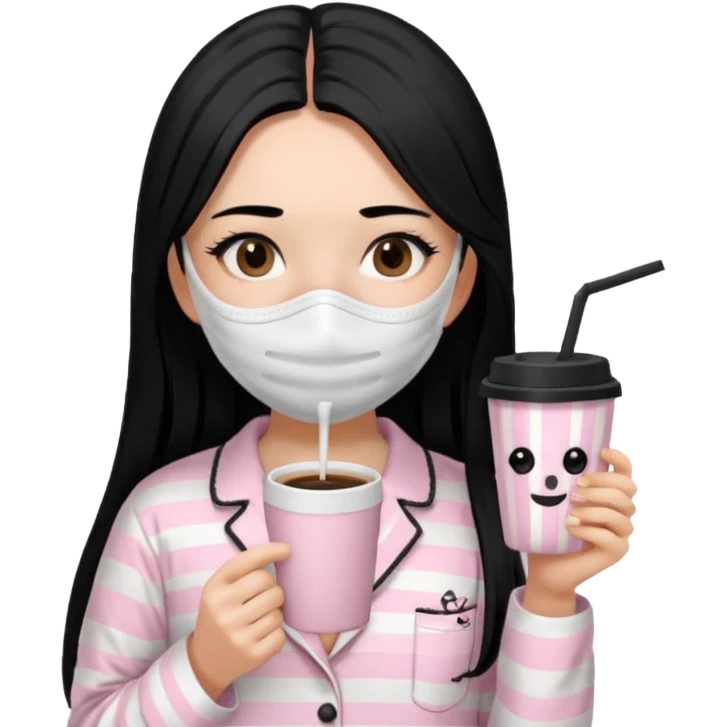 chica de pelo lacio color negro cabellera larga piyama blanca con rayas rosa claras peo no tan claras no oscuras el bordado es negro al igual que los botones )tiene una mascarilla para la carablanca y sostiene y cafe con bolitas nedras al dondo con unsorbete tranparente y es de test blanca  emoji