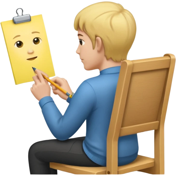 Memoji sitting on a chair from behind (pnly hair and back of the chair shown) writing on a sticky note  emoji
