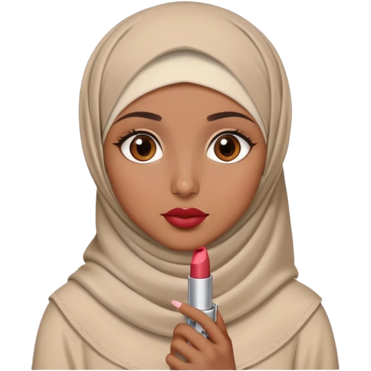 Turkish beautiful finish Konya girl eyes with brown beige hijab islamic dress and had on her hand lipstick emoji