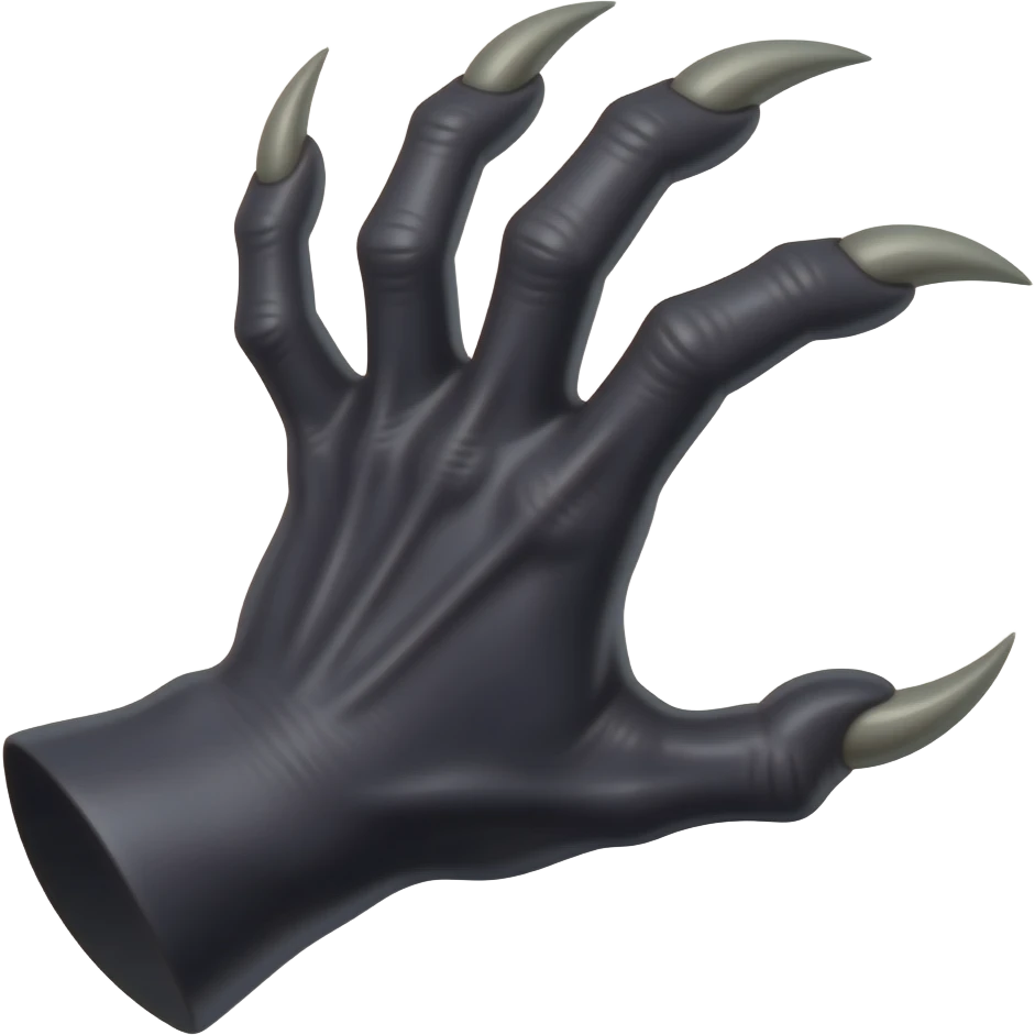 Long dark Demonic hand with sharp claws. Make the hand reach out to attack and slash towards the right of the image violently. Shift the perspective to a side profile to show the curvature and length of the claws more clearly. emoji