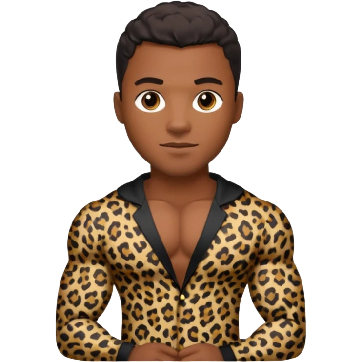 Handsome Black guy with brown skin tone, with muscular build, wearing black leapard print pajamas  emoji