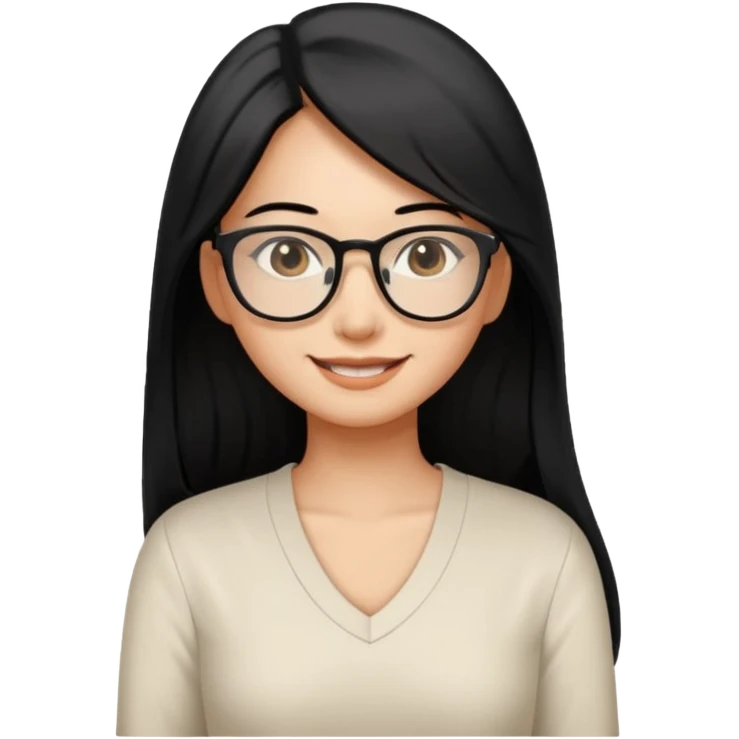 medium tan asian woman with long black hair past middle of back, round brown eyes, white v neck blouse. she has black thick frame rectangular glasses on and smilling emoji
