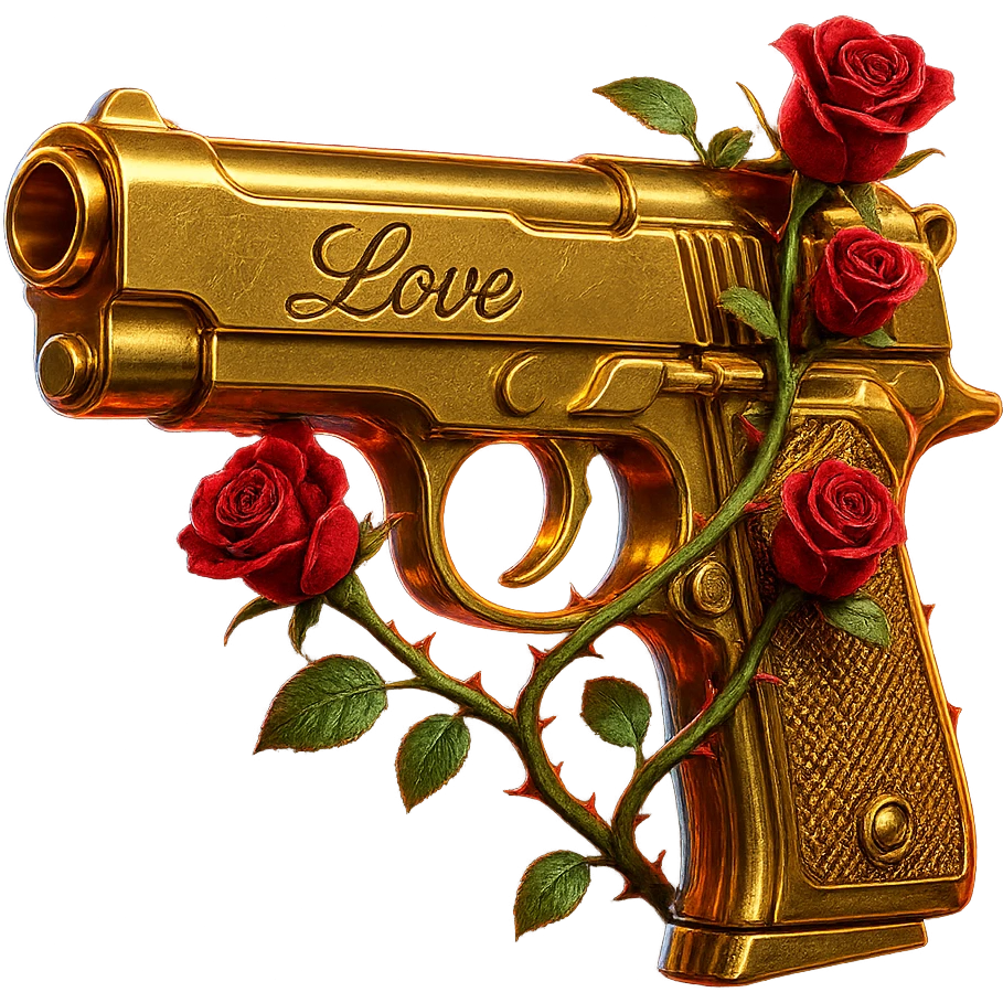 gold handgun emoji, engraved with the word 'Love' in cursive, wrapped in red rose vines, dripping with glitter, neon edge lighting, inspired by Romeo Montague in Romeo + Juliet (1996), 90s gun glam aesthetic, dramatic flair, discord-size emoji