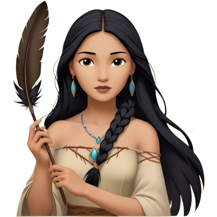 Cinematic Realistic Pocahontas Portrait, depicted with lifelike skin texture, soft natural lighting, and intricately detailed long, flowing raven-black hair that moves gracefully in the wind. Her deep, soulful dark brown eyes exude wisdom and strength, complemented by a serene yet powerful expression. She is shown gently holding a feather in one hand, her other hand resting lightly at her side, embodying the harmonious balance between nature and herself. She is dressed in her classic one-shoulder native American dress, with rich fabric textures and delicate beaded details that catch the light beautifully. The portrait features a soft, sun-kissed glow with a natural, radiant finish, capturing the essence of untamed beauty and deep connection to nature in a realistic and painterly style, evoking a sense of depth and authenticity. emoji