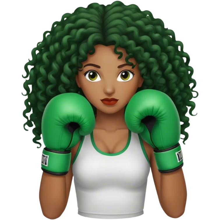 Black curly long hair lady with green box gloves emoji