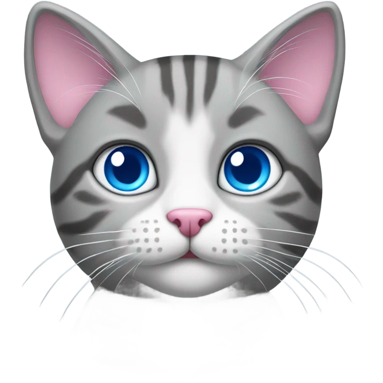 Grey and white tabby cat with blue eyes with a pink nose emoji