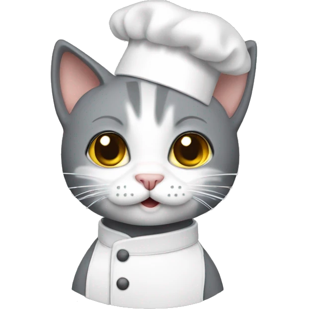 Grey short hair cat with white face wearing chef hat emoji