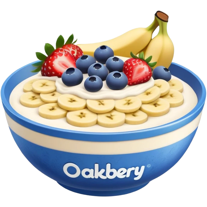 a acaii bowl with milk powder layers and blue berries strawberries and banana on top make the logo of the brand say oakberry emoji