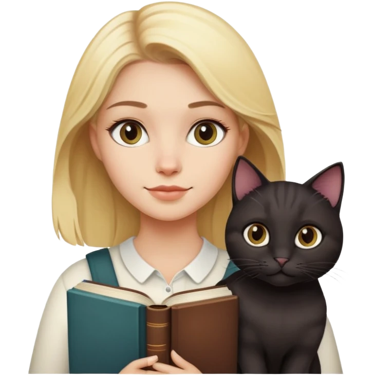 Blond woman with dark cat and books emoji