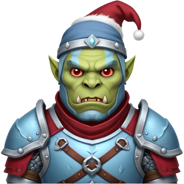 
Fantasy Christmas orc legion soldier icon, iron tundra army theme, heavy winter armor, disciplined brutal look, icy blue steel armor with deep crimson accents, frozen metal texture, cold winter atmosphere, male variant emoji