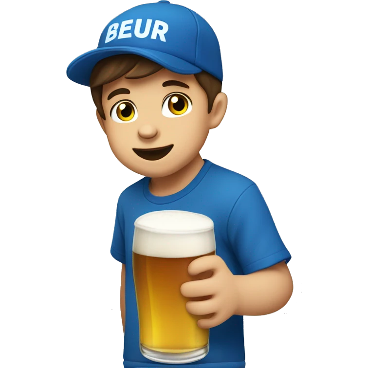A fourth year old man with brown hair on his birthday with a blue suburu t shirt having fun drinking a beer emoji