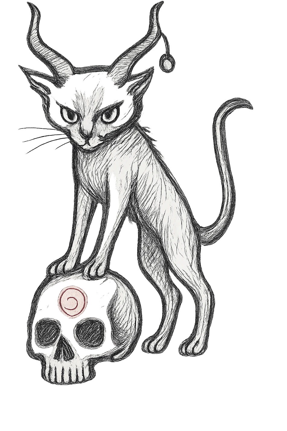 Adjust the cat so its front legs are extended, as if standing on the skull, keep the realistic hand drawn style with dynamic outlines, no fill, preserve the charm on the horn, the red spiral on the skull, and transparent background. emoji