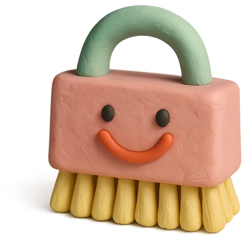 playful cleaning brush with a smiling face in claymation style, pastel colors emoji