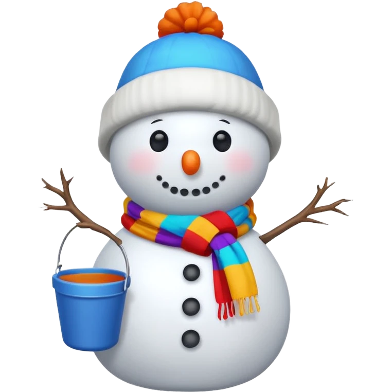 A snowman wearing a colorful scarf and a tiny bucket hat. emoji