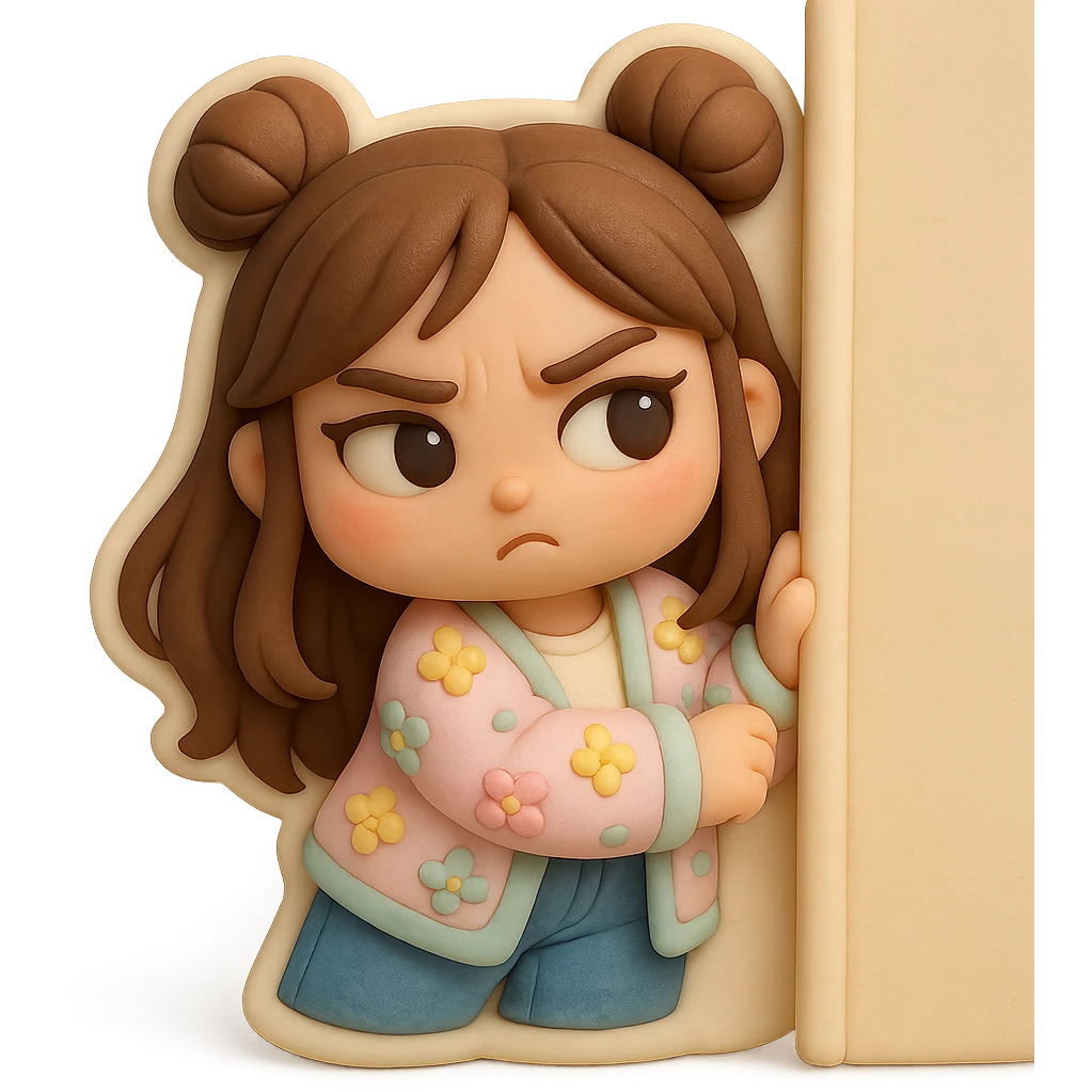 3D chibi fondant cake art style, high-quality rendering with smooth shadows and soft gradients. Girl based on reference image preserving facial features, long brown hair in two space buns, brown eyes, jeans, pastel floral cardigan, thick white outline like a sticker, transparent background. Peeking suspiciously from behind a corner. emoji