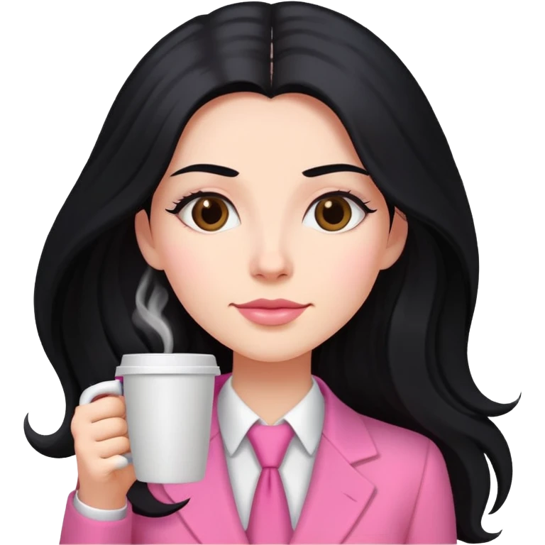 business dressing pink clothes woman  caucasian with a long black hair drinking coffee emoji