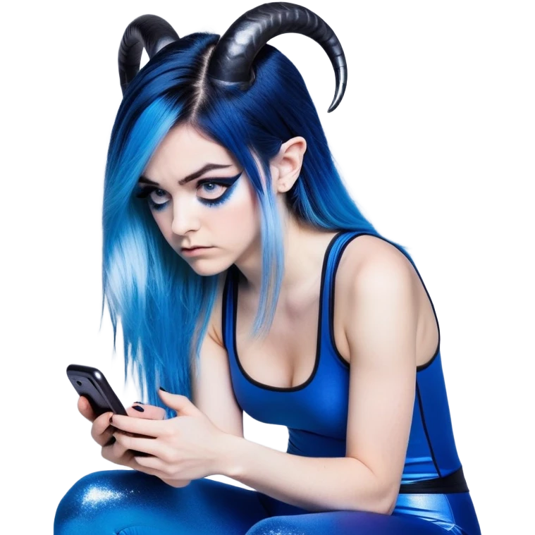 Disapponted-big tears-head back texting on phone-very very large upper body-sexy face-bending forward at waist-very long very straight dark blue to light blue ombre hair-and-blue eyes-thick black eyeliner-cute goat horns-iridescent blue lowcut tanktop with black leggings with glitter superman logo emoji