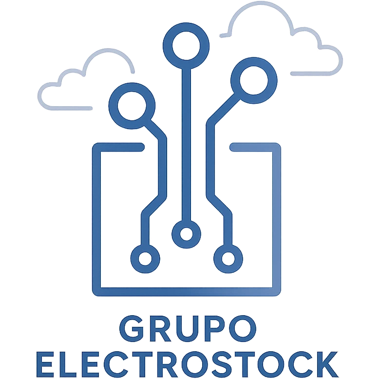 logo for Grupo Electrostock, abstract circuit pattern, blue and silver, futuristic, clean lines, business style emoji