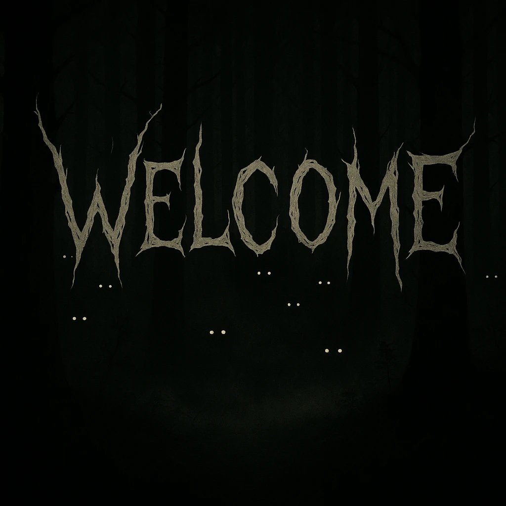 Add the word 'Welcome' in creepy, horror-themed text, integrated into the shadowy forest banner. The text should look like it belongs in the dark, mysterious forest setting, with a chilling vibe. emoji