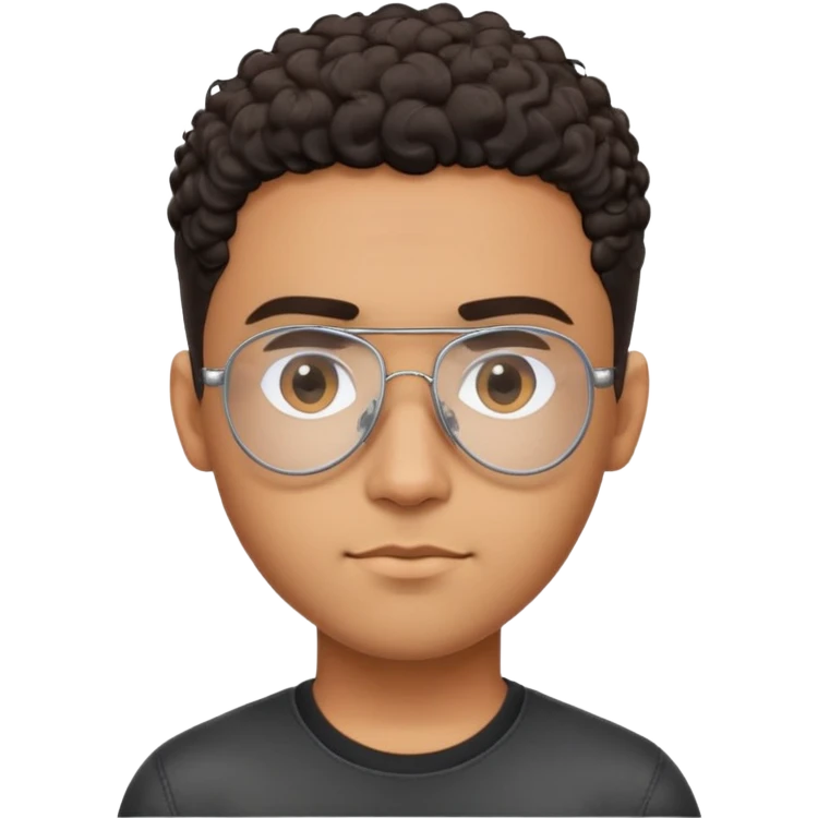 Young brown-skinned Latino man with oval face and large forehead, metal-framed aviator glasses with clear lenses, high skin fade haircut with very short dark curls only on top, calm friendly expression, black t-shirt emoji