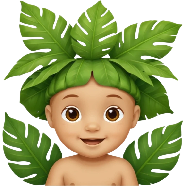 a baby with jungle wearing a large leaf headgear bye  emoji