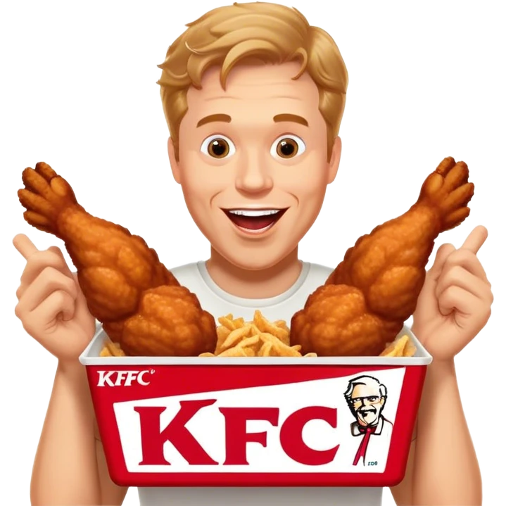 "Create an emoji of a white man holding KFC chicken wings with a happy and excited expression. Make sure to add the text 'KFC ABSOLUTE CINEMA ✋😮🤚' in large, bold letters, covering the entire screen and standing out clearly. This text must be included. Use a vibrant and expressive style." emoji