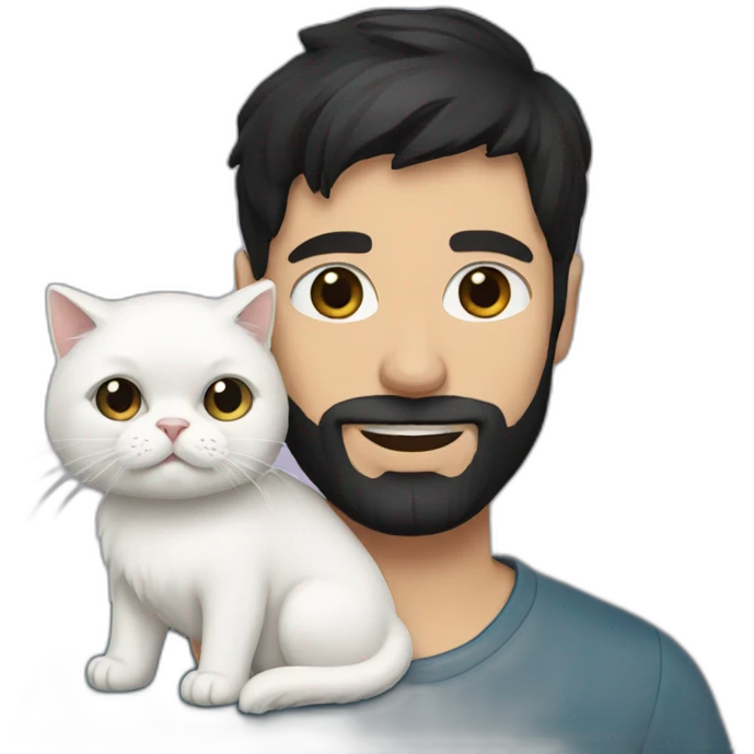 a man with black short hair and beard holding a white persian cat emoji