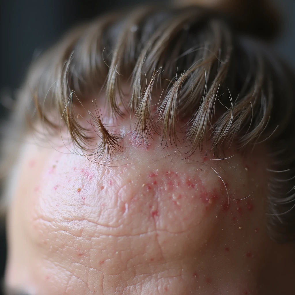 hyperrealistic 4K close-up of a scalp area with miniaturized hair and reddened skin, with overlay text 'Androgenetic alopecia from PCOS' in Italian emoji