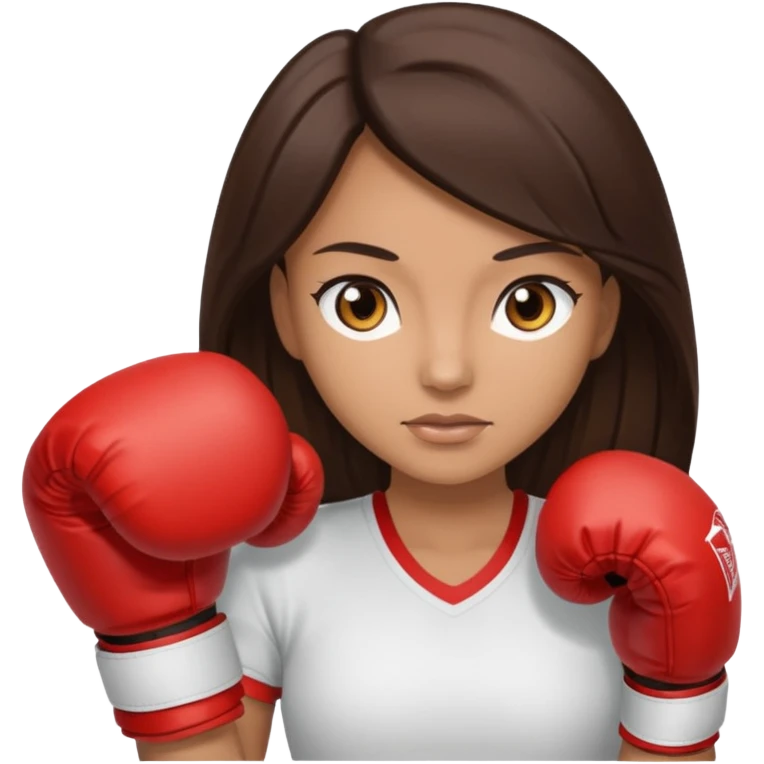 An woman with long dark brown hair light brown eyes in boxing gloves emoji