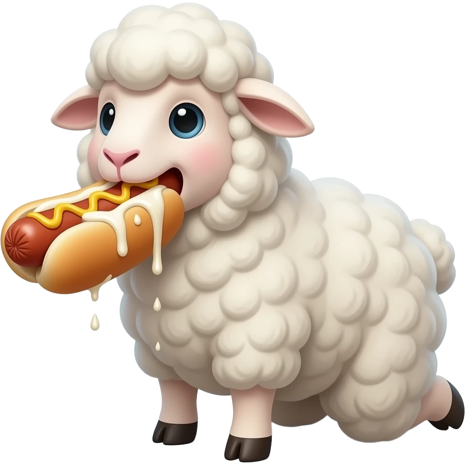 sheep plush on its knees eating swallowing a hotdog in its mouth with covered in lots of sticky wet mayo splashing emoji